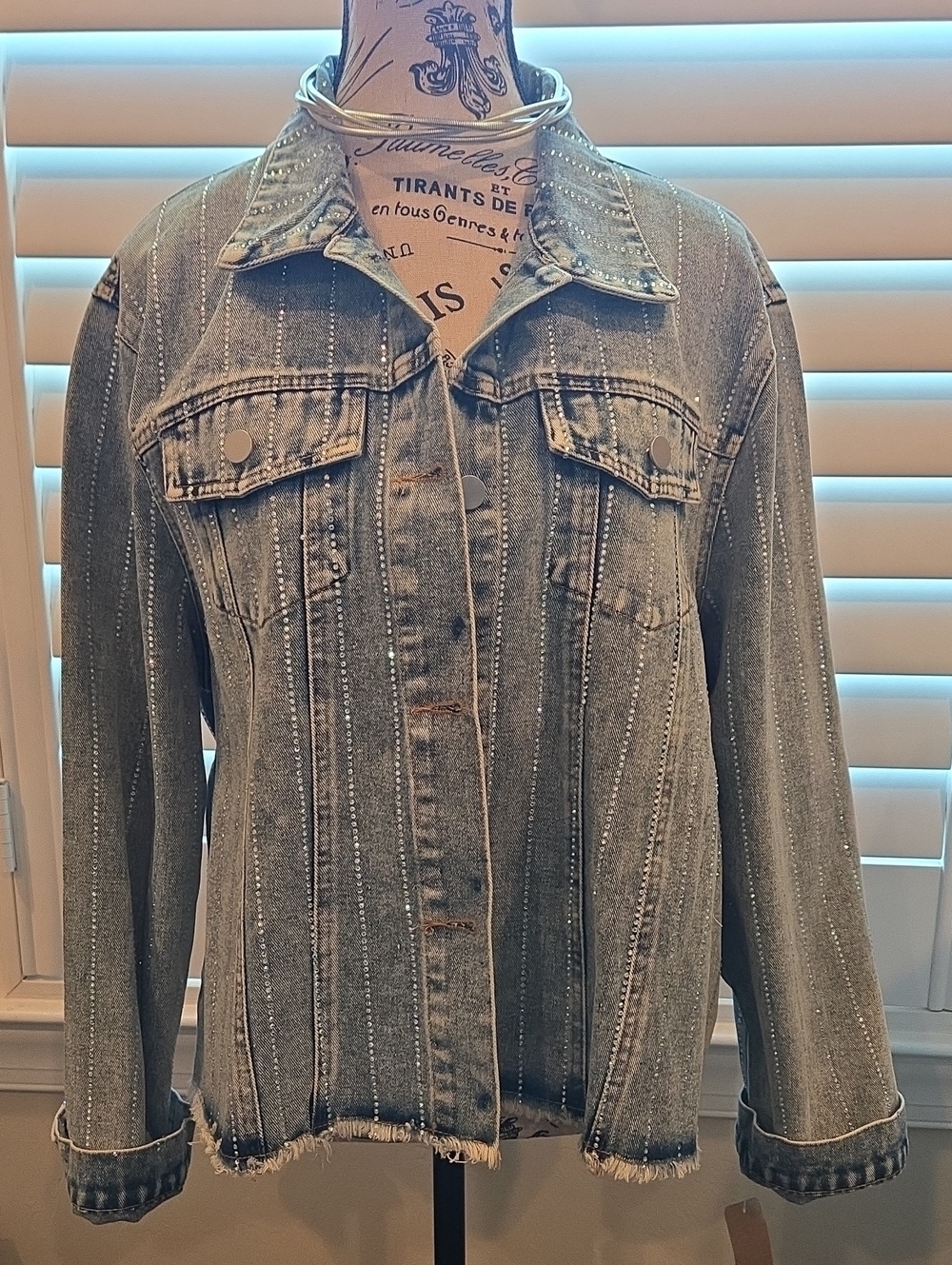 Classic Women’s Denim Jacket Embellished Irridescent Crystal Stripes 12/14/16